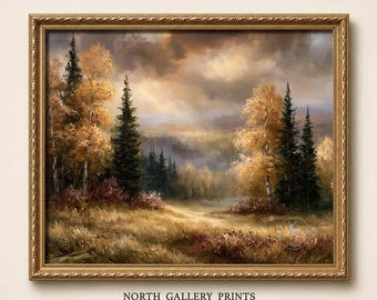 May include: A landscape painting in a gold ornate frame depicting an autumn forest scene with golden trees, dark evergreen pines, and a grassy field under a cloudy sky. The text NORTH GALLERY PRINTS is printed in black below the framed artwork.