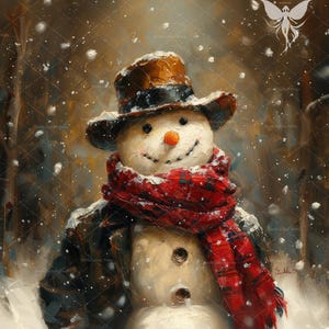 Weihnachten Schneemann druckbare Wandkunst, Weihnachtsmalerei, Schneemann-Weihnachtsszene Wohnkultur, Schnee-Winterwald