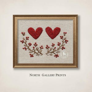 Printable Embroidered Red Heart Print, Folk Valentine Wall Art Rustic Farmhouse Love Decor, Linen Botanical Hearts, Romantic Cottagecore Art image 3