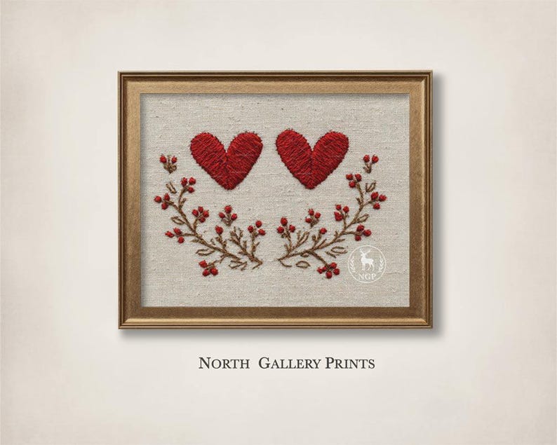 Printable Embroidered Red Heart Print, Folk Valentine Wall Art Rustic Farmhouse Love Decor, Linen Botanical Hearts, Romantic Cottagecore Art image 3