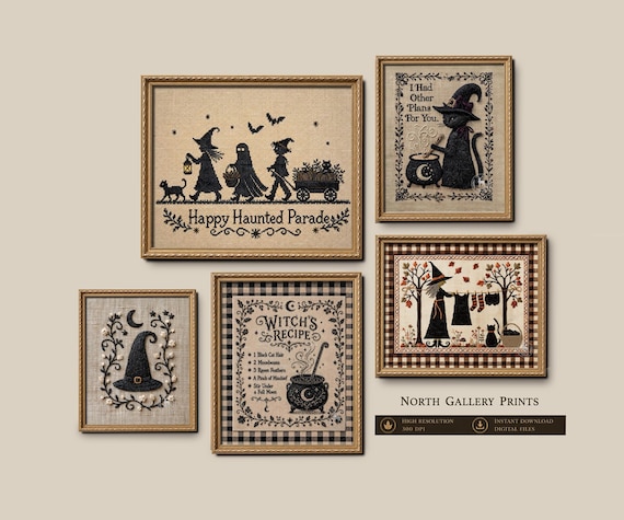 Halloween Wall Art Prints, Set of 5 Printable Witchy Embroidery Home Decor. Digital Download