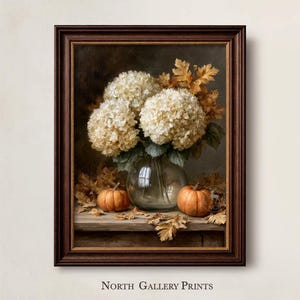 Fall Wall Art Print, Vintage Hydrangea Base With Pumpkins, Rustic Farmhous Painting. Digital Download
