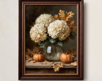 Lámina decorativa de otoño para pared, base vintage de hortensias con calabazas, pintura rústica de estilo granja. Descarga digital.