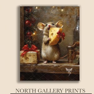 May include: A digital art print featuring a brown mouse holding a large wedge of yellow Swiss cheese with a red bow. Beside the mouse is a gift box with a red ribbon, a glass bottle, and a decorated tree with red ornaments and warm lights.