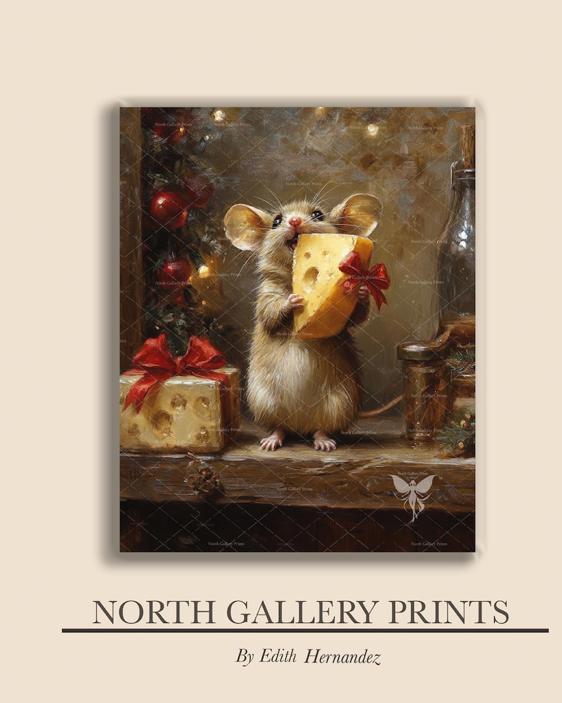 May include: A digital art print featuring a brown mouse holding a large wedge of yellow Swiss cheese with a red bow. Beside the mouse is a gift box with a red ribbon, a glass bottle, and a decorated tree with red ornaments and warm lights.