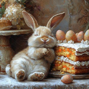 May include: A brown bunny rabbit with white fur on its chest is sleeping with its paws tucked under its chin. The bunny is sitting on a table next to a cake decorated with white icing and colourful Easter eggs.
