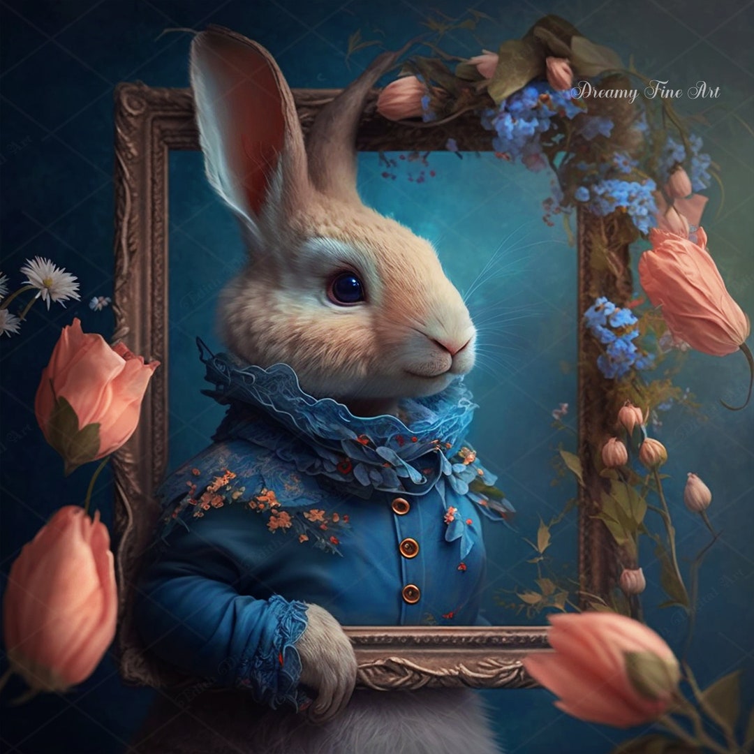 Easter Bunny Wall Art Decor, Spring Floral Frame With Rabbit, Instant ...