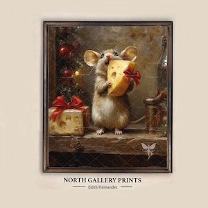 May include: A framed art print titled NORTH GALLERY PRINTS by Edith Hernandez, depicting a brown mouse holding a wedge of yellow cheese with a red bow. Beside the mouse is a gift box with a red bow and a Christmas tree with red ornaments.
