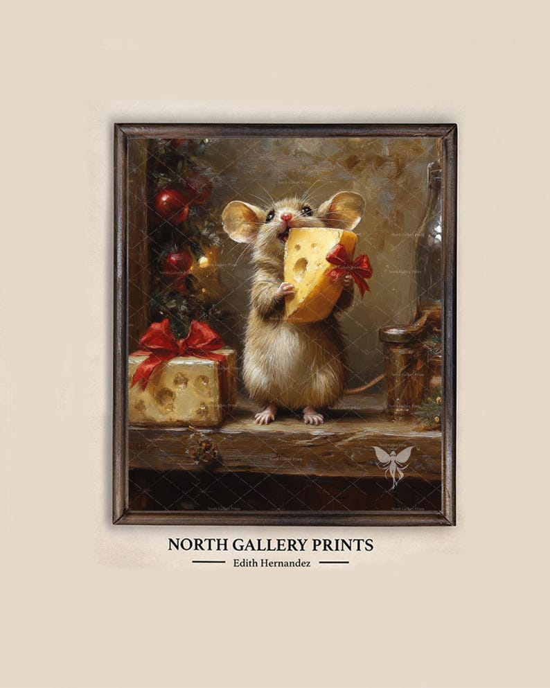 May include: A framed art print titled NORTH GALLERY PRINTS by Edith Hernandez, depicting a brown mouse holding a wedge of yellow cheese with a red bow. Beside the mouse is a gift box with a red bow and a Christmas tree with red ornaments.
