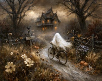May include: A figure draped in a white sheet rides a bicycle along a dirt path toward a dark, multi-story house. The scene features bare trees, dry grass, scattered pumpkins, and a wooden fence under a moody, overcast sky.
