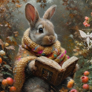 May include: A brown rabbit wearing a yellow and brown knitted scarf is sitting in a forest setting. The rabbit is holding an open book in its paws. The book has a brown cover with gold lettering. The rabbit is surrounded by green leaves and red berries.