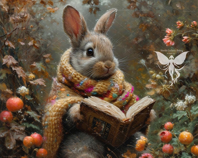 May include: A brown rabbit wearing a yellow and brown knitted scarf is sitting in a forest setting. The rabbit is holding an open book in its paws. The book has a brown cover with gold lettering. The rabbit is surrounded by green leaves and red berries.