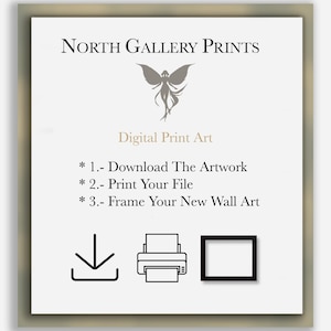Puede incluir: Una gu&iacute;a de instrucciones para el arte de impresi&oacute;n digital con una ilustraci&oacute;n de hada. La gu&iacute;a incluye tres pasos: descargar la obra de arte, imprimir el archivo y enmarcar la nueva obra de arte de pared. Los pasos se ilustran con iconos de una flecha de descarga, una impresora y un marco de imagen.