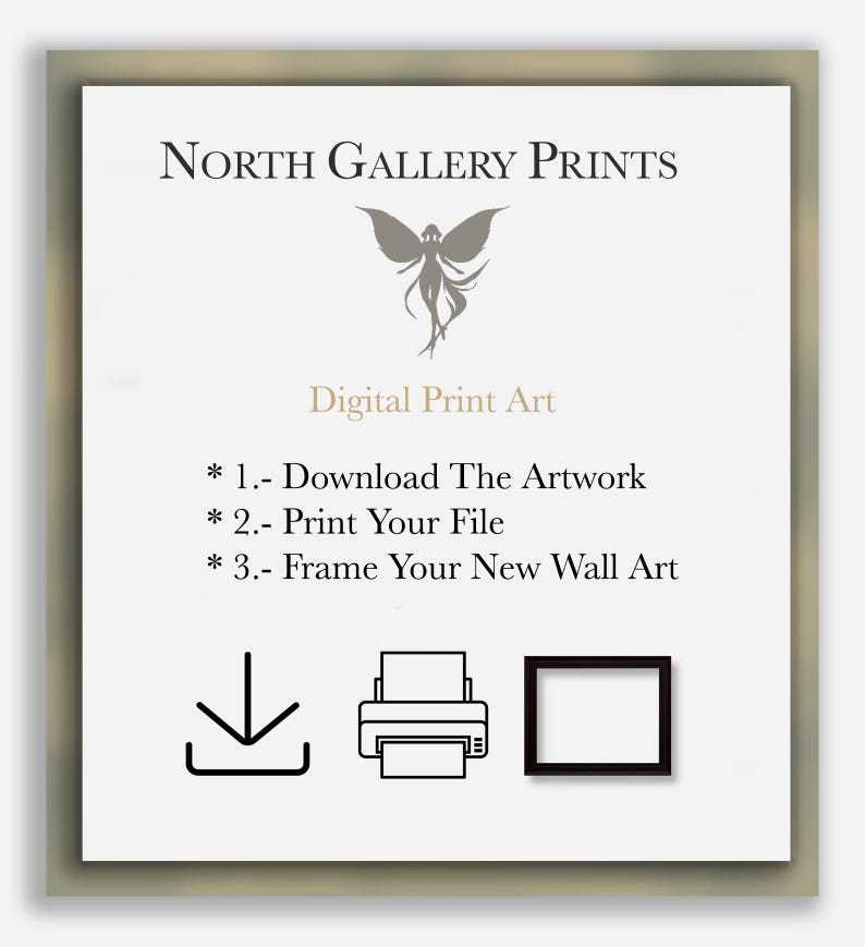 Puede incluir: Una gu&iacute;a de instrucciones para el arte de impresi&oacute;n digital con una ilustraci&oacute;n de hada. La gu&iacute;a incluye tres pasos: descargar la obra de arte, imprimir el archivo y enmarcar la nueva obra de arte de pared. Los pasos se ilustran con iconos de una flecha de descarga, una impresora y un marco de imagen.