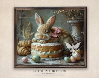 Easter Prints Wall Art, Easter Bunny Printable For Kitchen Decor, Easter Rabbits Nursery Wall Art, Cottagecore Painting Digital Art Print