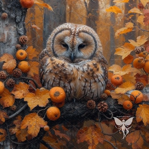 Herbst druckbare Kunst, Herbst Wald Wandbild, druckbare Kunst, Eule auf Herbstwald Malerei, Digital Download Wildtiere Wandkunst, Tiere Bauernhaus Drucke