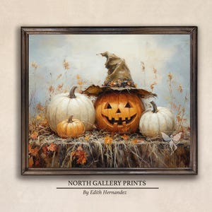 May include: A painting of three pumpkins, one with a carved jack-o'-lantern face, wearing a witch's hat. The pumpkins are surrounded by autumn leaves and a small white butterfly.