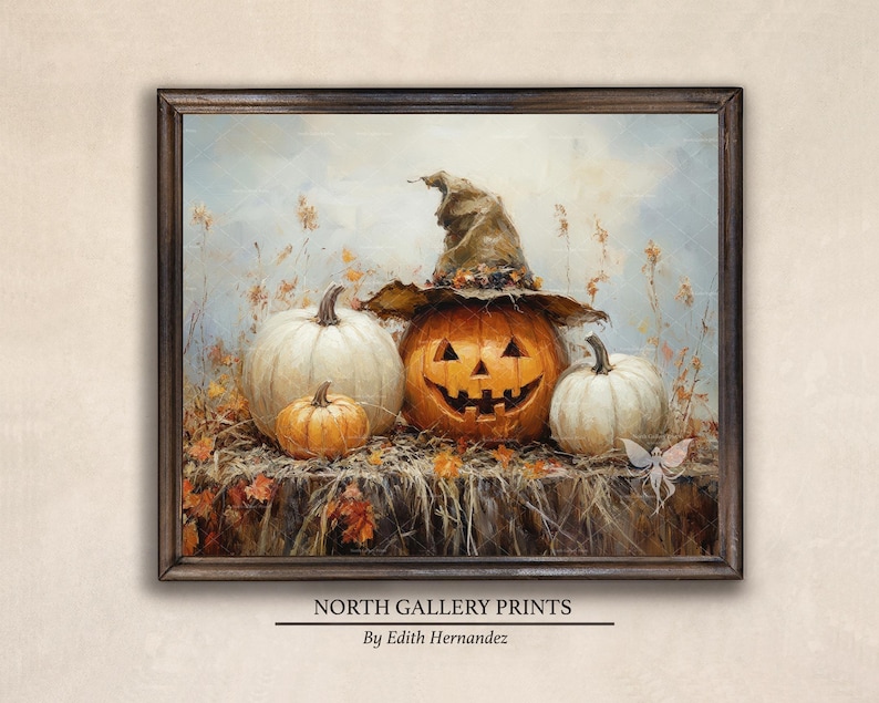 May include: A painting of three pumpkins, one with a carved jack-o'-lantern face, wearing a witch's hat. The pumpkins are surrounded by autumn leaves and a small white butterfly.