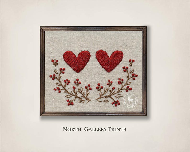 Printable Embroidered Red Heart Print, Folk Valentine Wall Art Rustic Farmhouse Love Decor, Linen Botanical Hearts, Romantic Cottagecore Art image 2