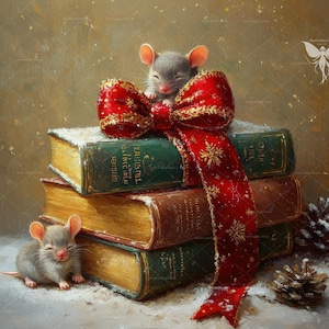 Christmas Printable Wall Art, Book Stack & Mice, Seasonal Wall Art Print, Cozy Xmas Painting, Holiday Decor, Christmas Digital Wall Art. # 2