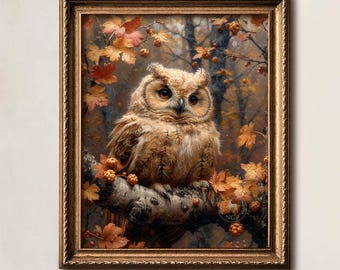 Autumn Owl Wall Art Print, Printable  Woodland Animal Painting,  Cottagecore Decor, Fall Forest Branch. Instant Download.