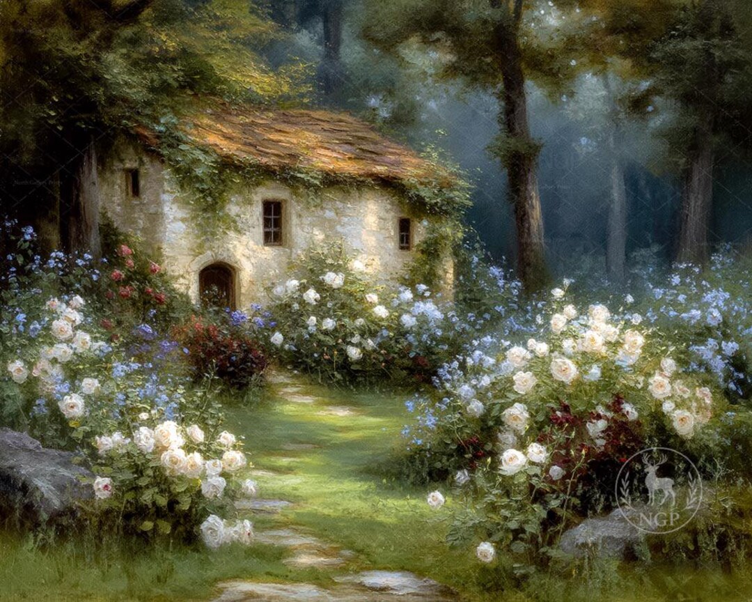 Cottage Garden Wall Art Print, Enchanted European Rose Garden Painting ...