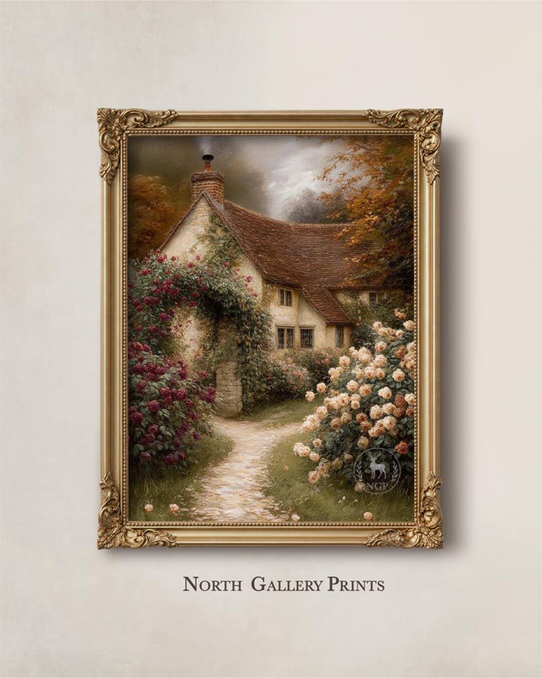 English Cottage Garden Wall Art Print, Vintage Fall Landscape, Autumn ...