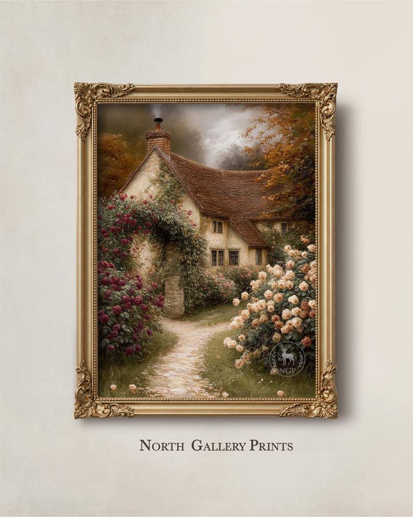 English Cottage Garden Wall Art Print, Vintage Fall Landscape, Autumn ...