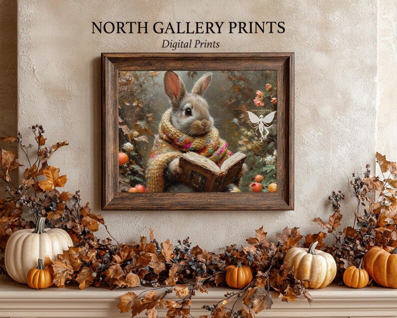 May include: A digital print of a brown rabbit wearing a colorful scarf and reading a book in a forest setting. The rabbit is surrounded by autumn leaves and a white butterfly.