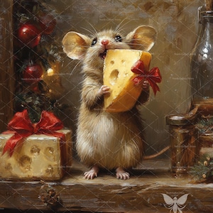 May include: An oil painting style illustration of a brown mouse holding a large wedge of yellow Swiss cheese with a red ribbon bow. Beside the mouse is a square gift box wrapped in paper with a red bow, and a glass bottle stands in the background.