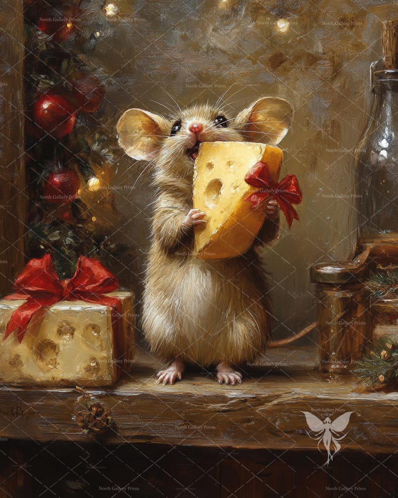 May include: An oil painting style illustration of a brown mouse holding a large wedge of yellow Swiss cheese with a red ribbon bow. Beside the mouse is a square gift box wrapped in paper with a red bow, and a glass bottle stands in the background.