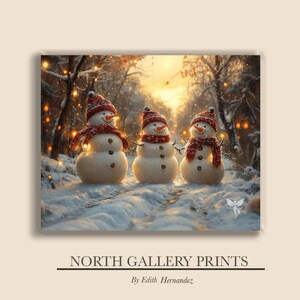 May include: Three snowmen wearing red and white hats stand in a snowy forest with twinkling lights. The snowmen are smiling and appear to be singing.