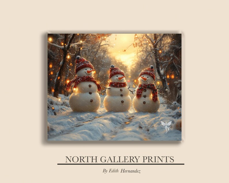 May include: Three snowmen wearing red and white hats stand in a snowy forest with twinkling lights. The snowmen are smiling and appear to be singing.