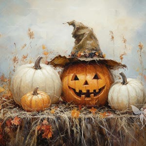 May include: A trio of pumpkins, one with a carved jack-o'-lantern face, sits on a bed of autumn leaves. The jack-o'-lantern is wearing a brown witch's hat with a green brim. The pumpkins are surrounded by dried leaves and twigs.