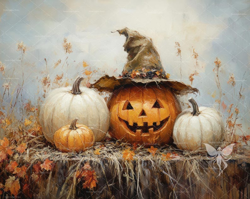 May include: A trio of pumpkins, one with a carved jack-o'-lantern face, sits on a bed of autumn leaves. The jack-o'-lantern is wearing a brown witch's hat with a green brim. The pumpkins are surrounded by dried leaves and twigs.