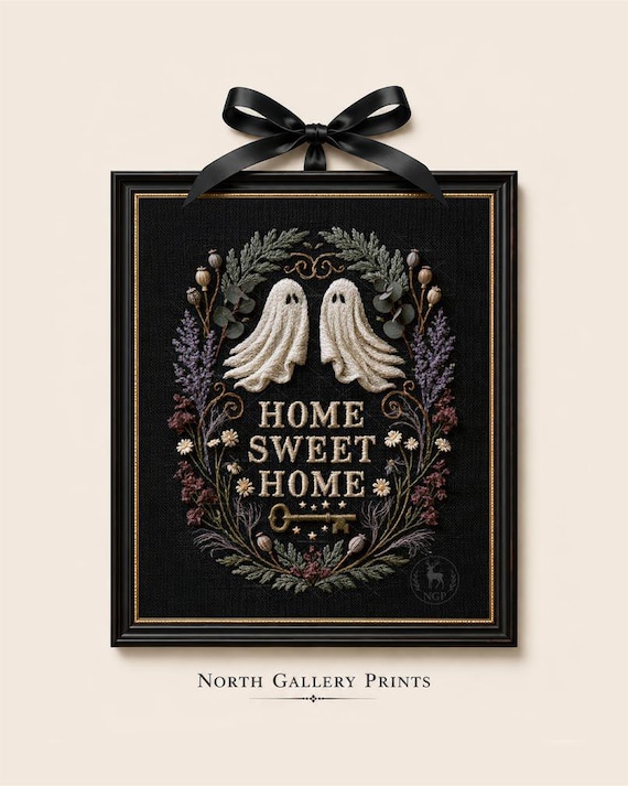 Halloween Ghost Wall Art, Sweet Haunting Home, Vintage Embroidery Print, Ghotic Cottagecore Decor.  ( Digital Download )