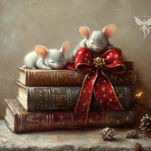 Christmas Wall Art Book Stack & Mice, Seasonal Printablel Wall Art, Cozy Xmas Painting, Holiday Decor, Christmas Digital Wall Art Decor.