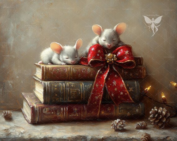 Christmas Wall Art Book Stack & Mice, Seasonal Printablel Wall Art, Cozy Xmas Painting, Holiday Decor, Christmas Digital Wall Art Decor.