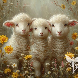 May include: Three white lambs with fluffy fur stand in a field of yellow and white flowers. The lambs are looking at the camera with their ears perked up. The background is a soft green and brown.