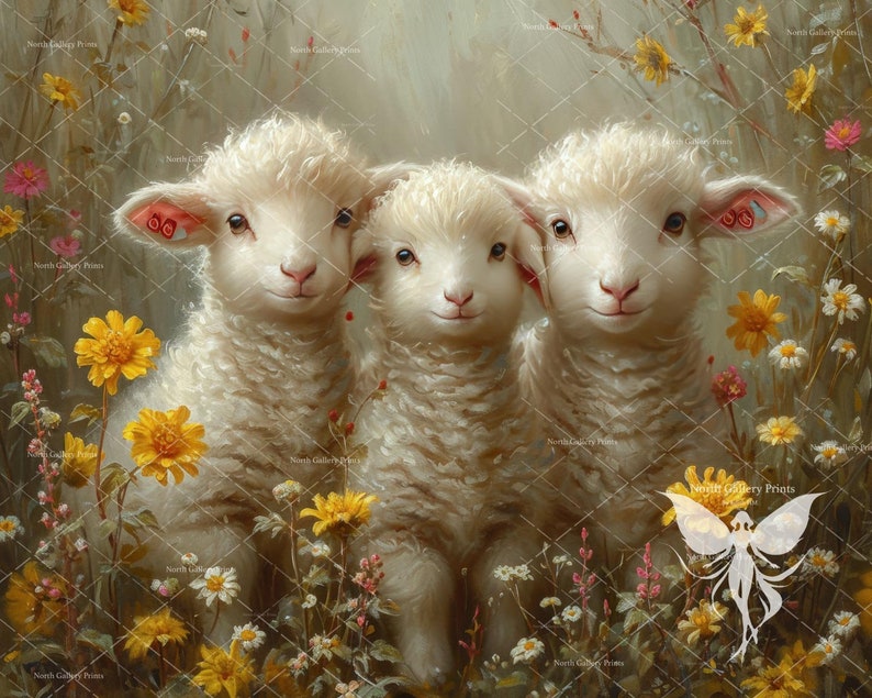 May include: Three white lambs with fluffy fur stand in a field of yellow and white flowers. The lambs are looking at the camera with their ears perked up. The background is a soft green and brown.