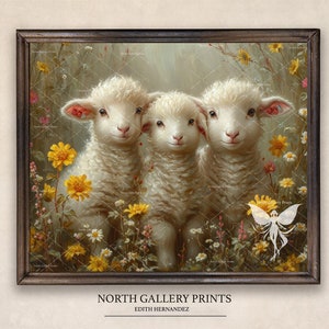 May include: Three white lambs with fluffy fur stand in a field of yellow and white flowers. The lambs have pink ears and are looking at the viewer. The background is a soft green and brown.