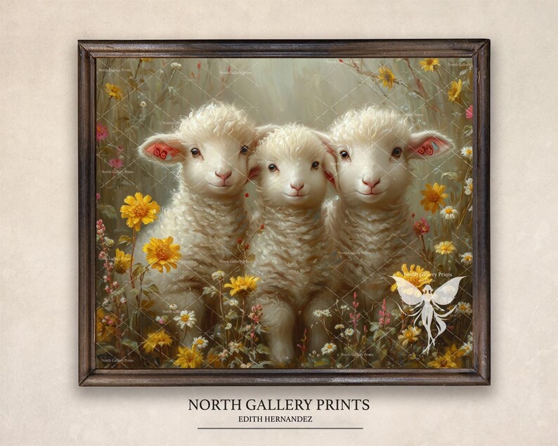 May include: Three white lambs with fluffy fur stand in a field of yellow and white flowers. The lambs have pink ears and are looking at the viewer. The background is a soft green and brown.