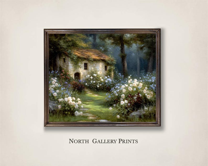 Cottage Garden Wall Art Print, Enchanted European Rose Garden Painting ...