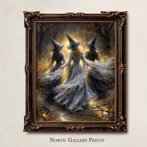 May include: A framed wall art print depicting three figures in pointed hats and flowing gowns standing in a forest clearing under a bright moon. The ornate dark brown frame features gold detailing. The text North Gallery Prints appears below.