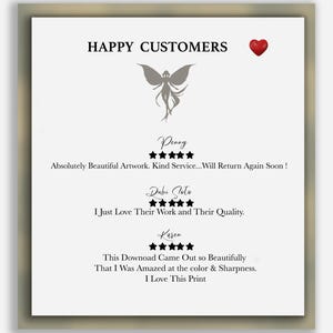 Puede incluir: Un fondo blanco con una ilustraci&oacute;n de hada gris y el texto "HAPPY CUSTOMERS". Debajo del hada hay tres rese&ntilde;as de clientes con calificaciones de cinco estrellas y los nombres "Penny", "Dubi Noto" y "Karen".