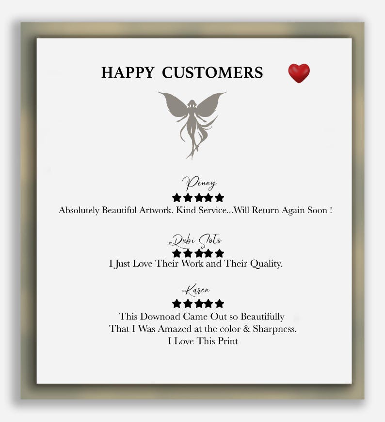 Puede incluir: Un fondo blanco con una ilustraci&oacute;n de hada gris y el texto "HAPPY CUSTOMERS". Debajo del hada hay tres rese&ntilde;as de clientes con calificaciones de cinco estrellas y los nombres "Penny", "Dubi Noto" y "Karen".