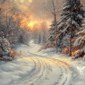 May include: A snowy forest path winds through a winter wonderland, with trees covered in snow and sparkling lights. The path leads to a bright, golden sunset in the distance.