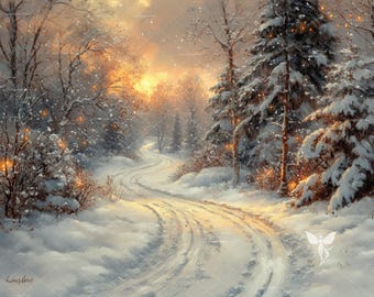 Winter Forest Printable Wall Art, Landscape Painting, Fine Art Wall Prints, Winter Scene, Home Decor, Snow Winter Woodlands, Christmas Print