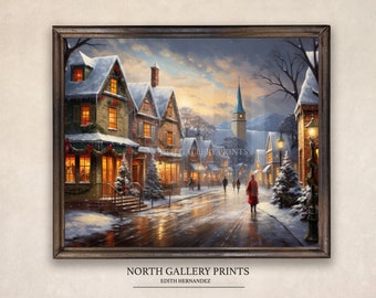 Vintage Christmas Wall Art Town City, Landscape Painting Christmas Village Art Christmas Decor Winter Art American Art Moody Wall Art Print.