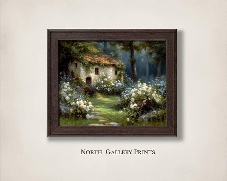 Cottage Garden Wall Art Print, Enchanted European Rose Garden Painting ...
